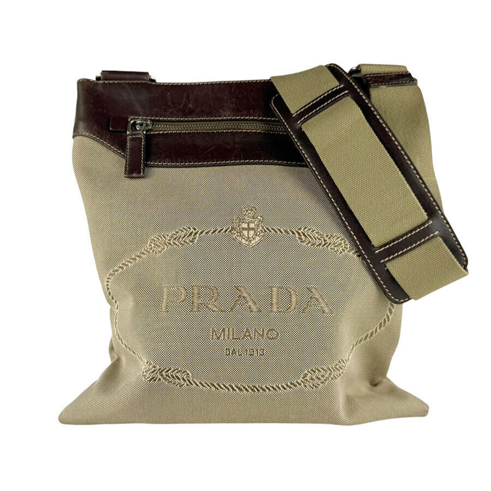 Prada Tessuto Crossbody Bag Canvas Leather Brown Silver